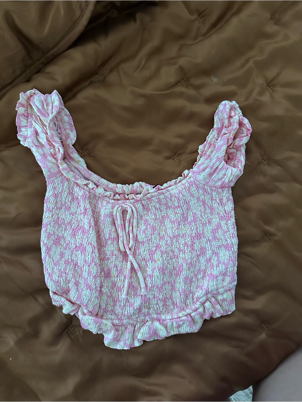 Zara Pink and White Smocked Ruffle Crop Top